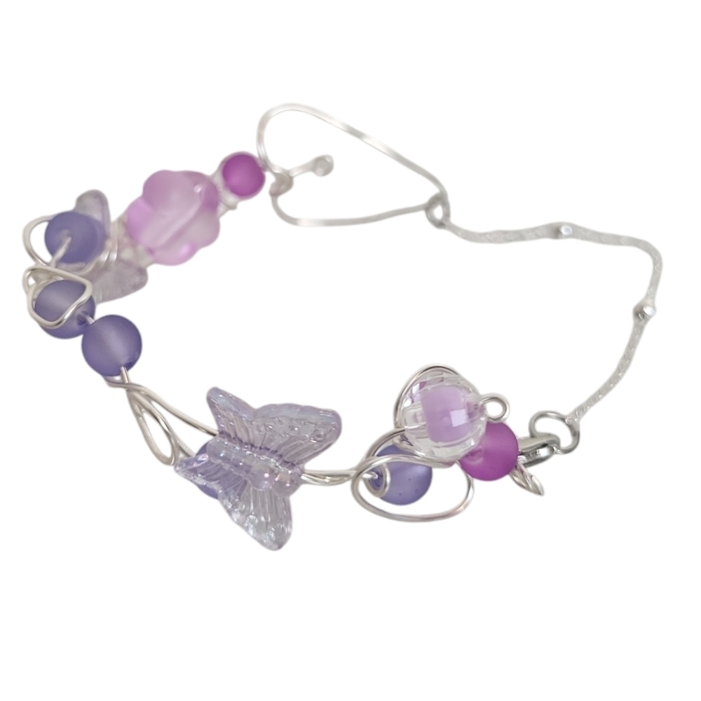 Silver Plated Holographic Butterfly Frosted Glass Wire Ball Chain Bracelet